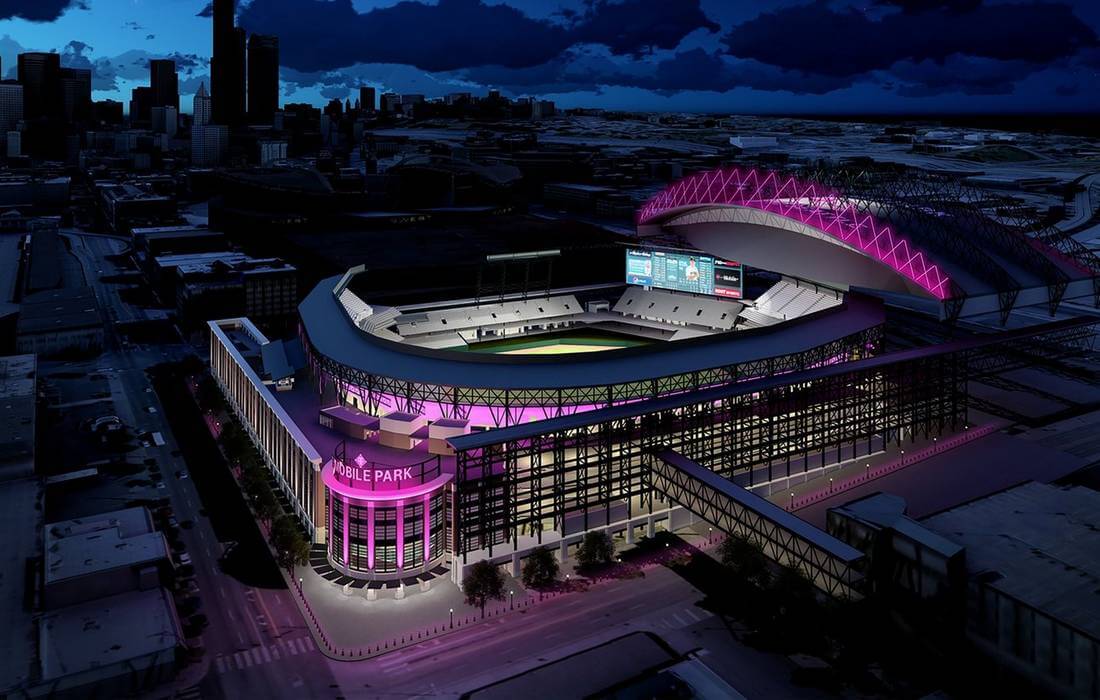 Фото здания стадиона T-Mobile Park с высоты ночью — American Butler
