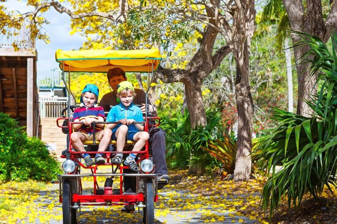 Дети с отцом катаются на велосипеде в зоопарке Майами — American Butler