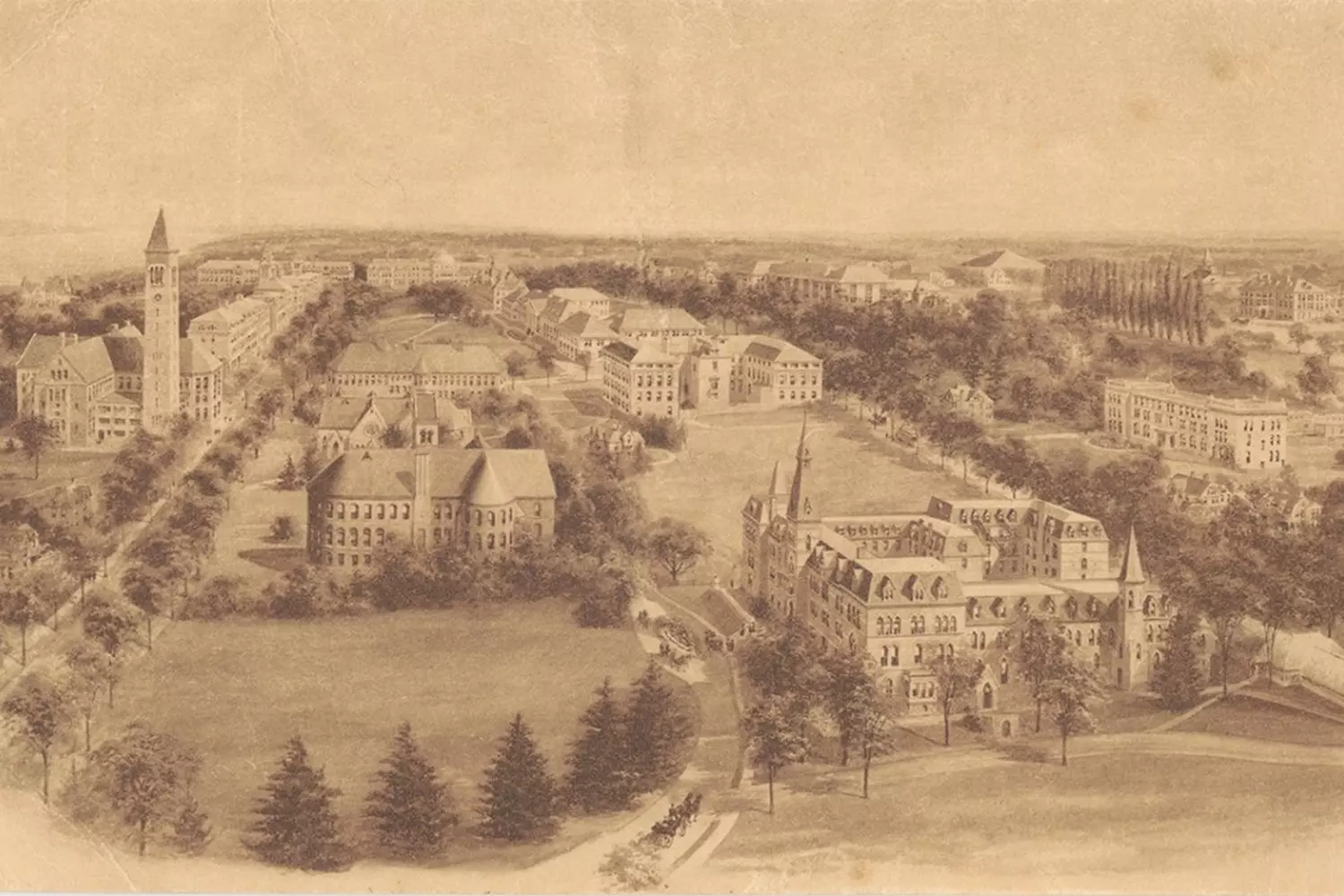 Редкое архивное фото, показывающее ранние годы развития кампуса Корнеллского университета при его основателях Эзре Корнелле и Эндрю Диксоне Уайте