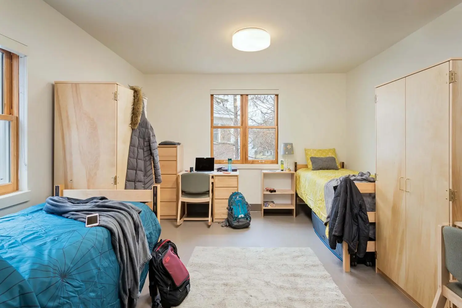 Дом вдали от дома: уютная комната в общежитии Дартмута Уютная комната в общежитии Дартмута с деревянной мебелью, аккуратно застеленной кроватью, учебными материалами и тематическим декором