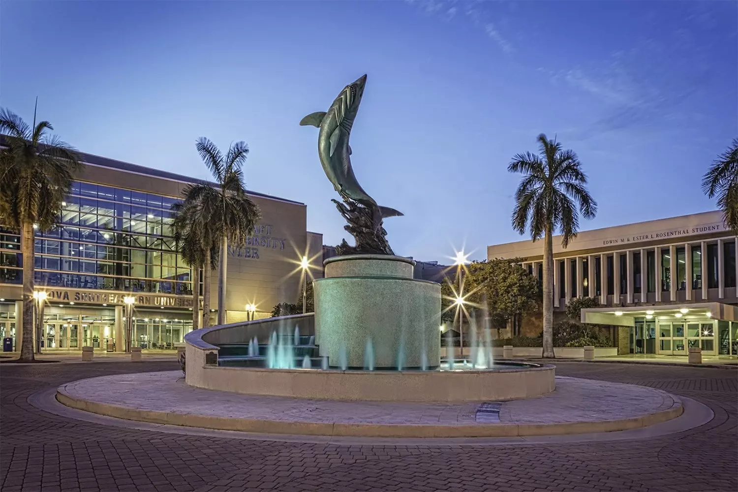 Dolphin Statue at Nova Southeastern University A bronze dolphin statue on the campus of Nova Southeastern University, captured mid-leap from a water feature surrounded by tropical plants