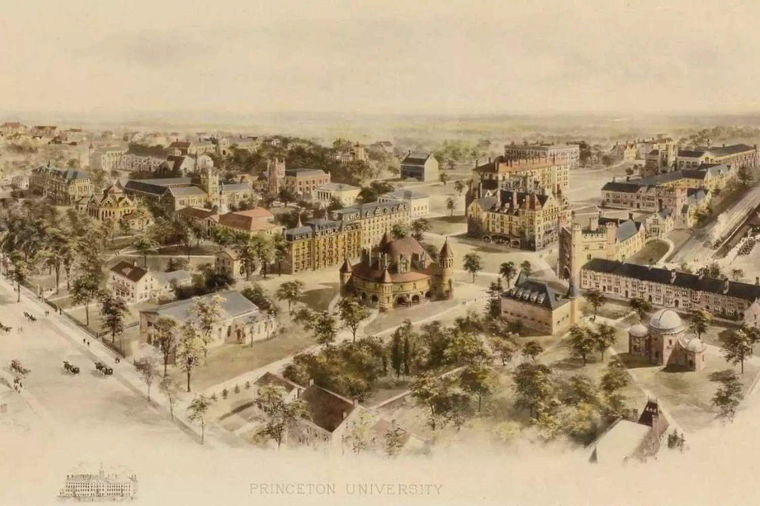 Старинная гравюра Принстонского университета XIX века с изображением Нассау-Холла, выполненная в технике офорта с детальной проработкой архитектурных элементов