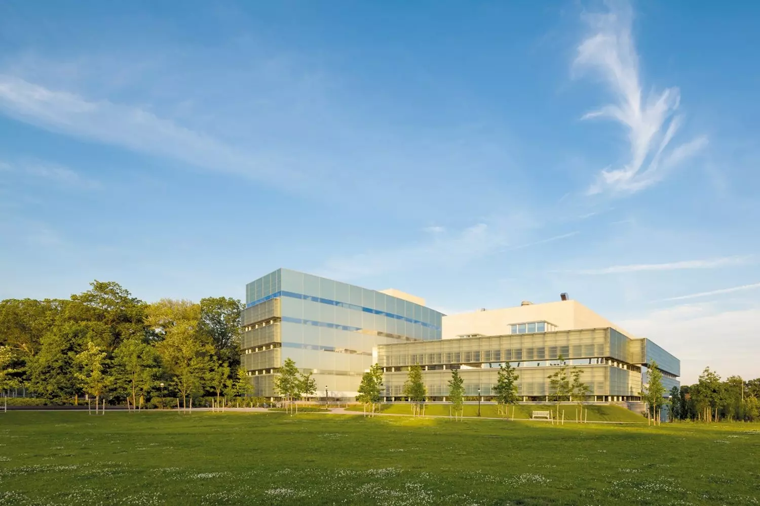 Знаменитый Научный центр Принстона с его характерным фасадом из стеклянных панелей, где пересекаются различные дисциплины