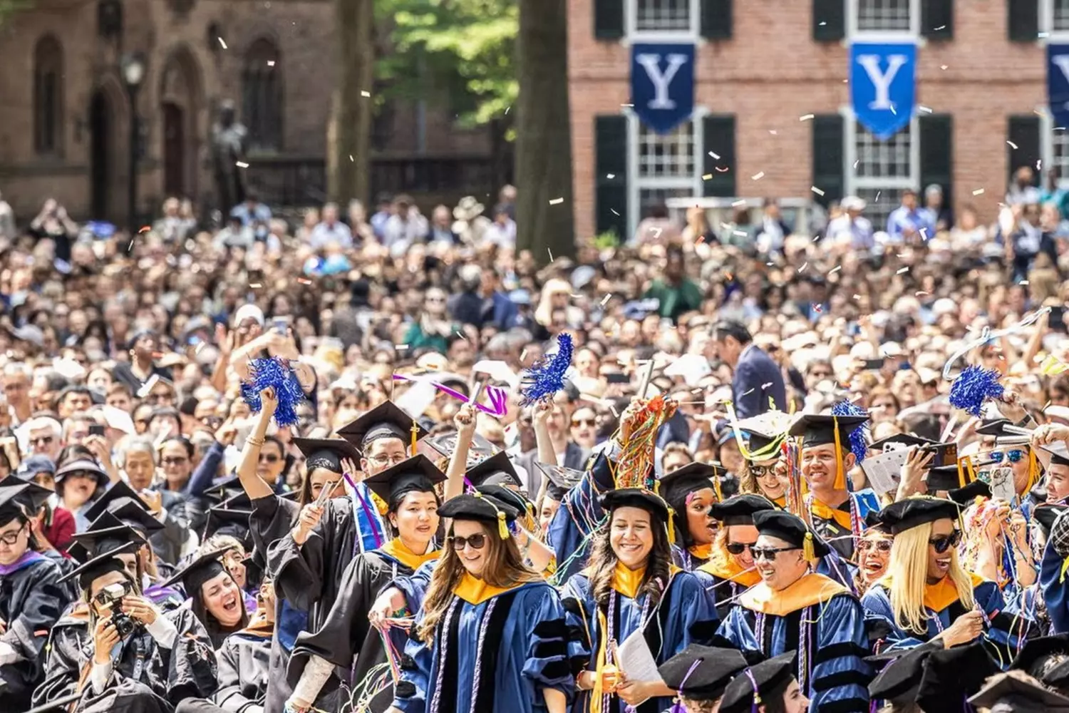 Yale Graduates: The Formal Commencement Ceremony A group of Yale University graduates in blue academic gowns and traditional mortarboards with tassels during a commencement ceremony