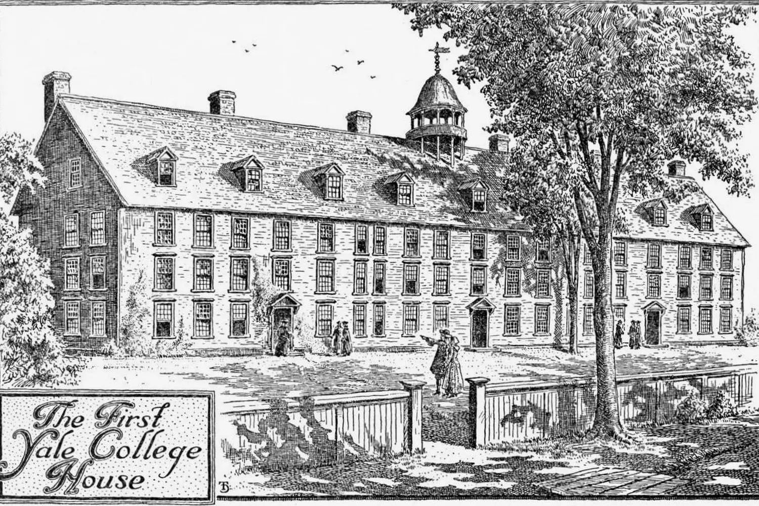 Yale University in the 18th Century: A View from the Past Antique black and white engraving depicting one of the earliest buildings of Yale University