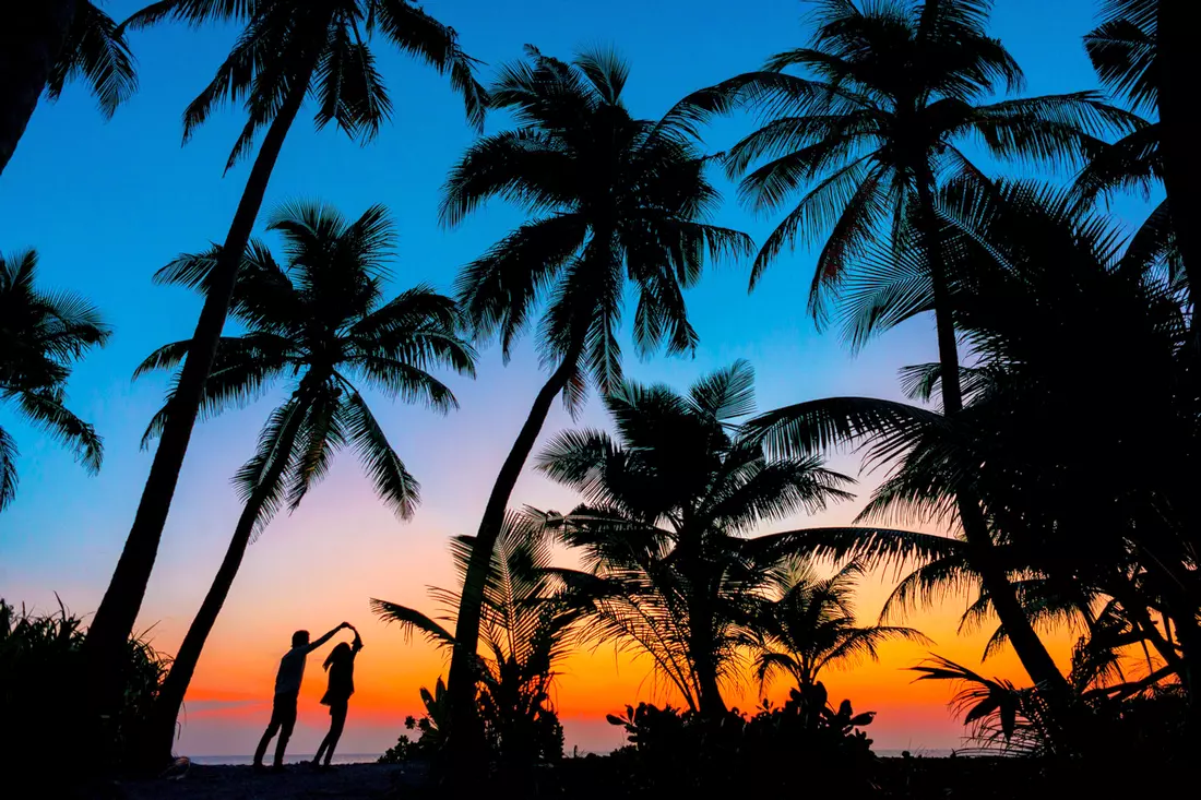 Romantic couple spend time at sunset against the backdrop of beautiful palm trees in Miami, USA