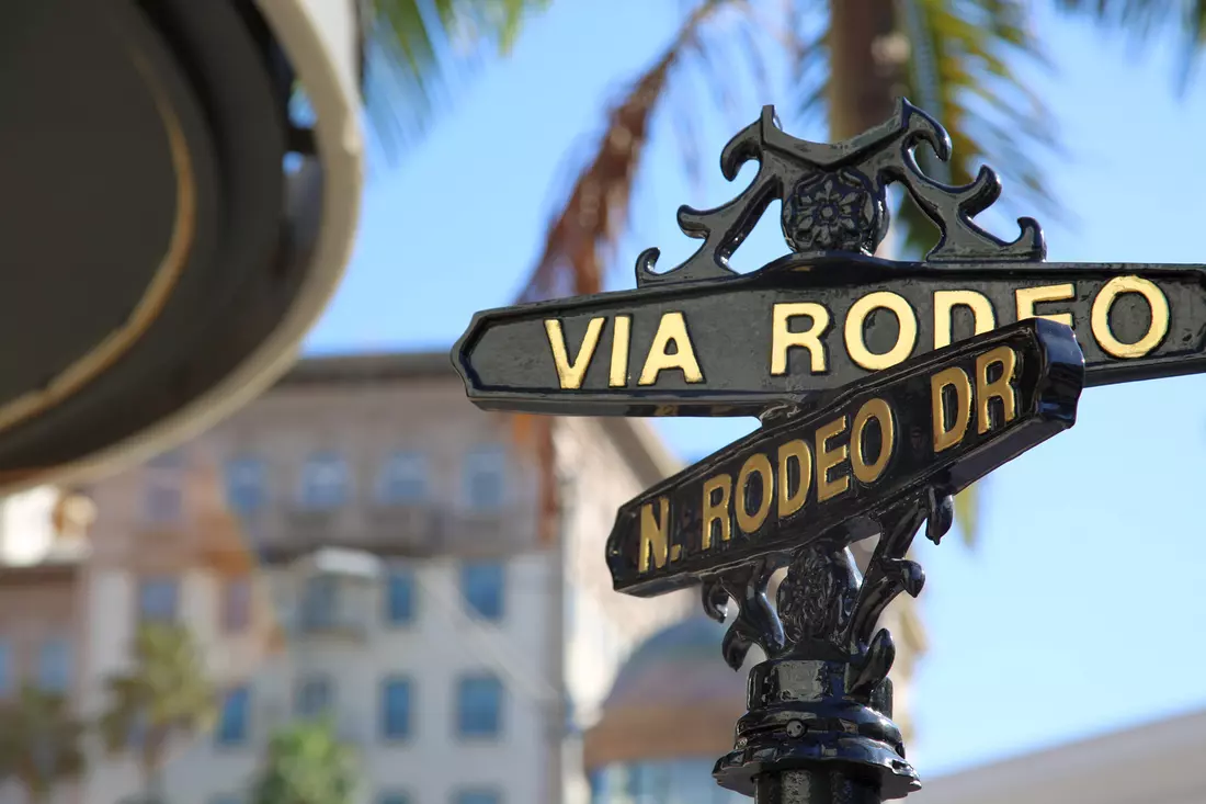 Close-up of Rodeo Drive street sign in Beverly Hills, Los Angeles