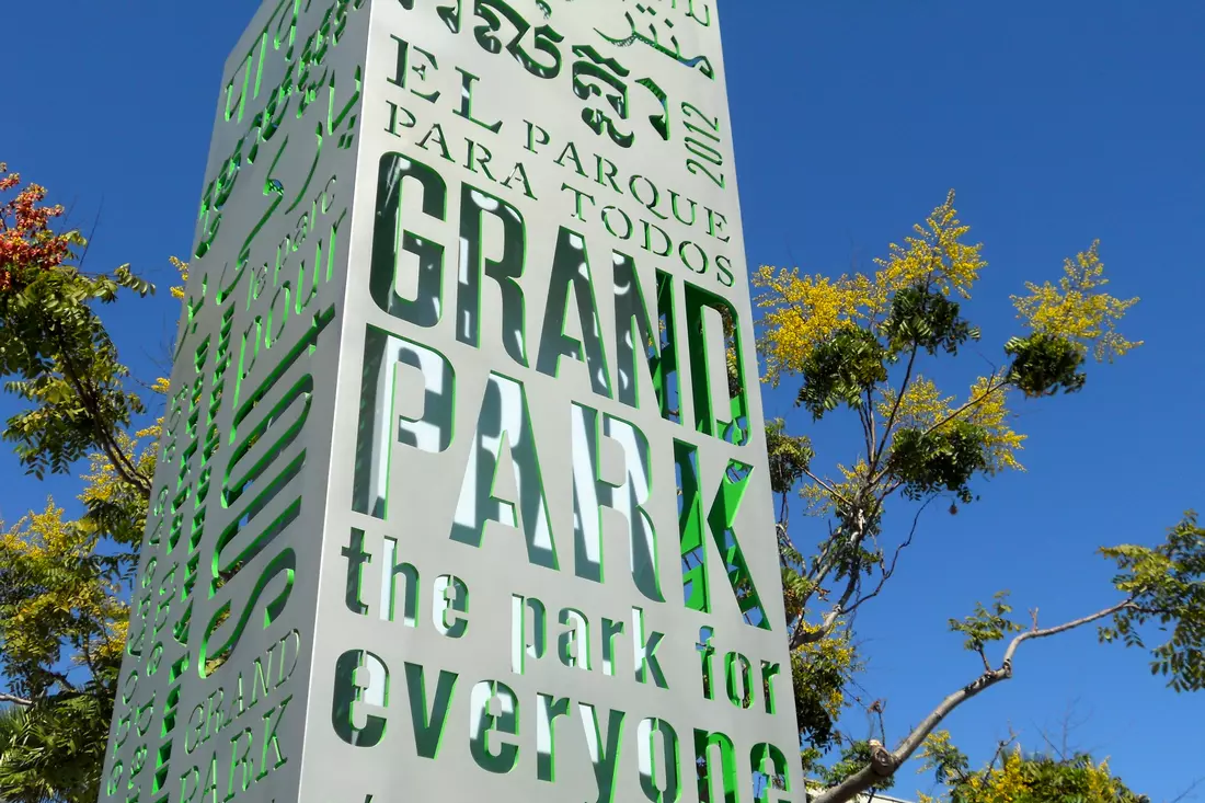 Photo of the column with the name of the park — Grand Park in Los Angeles