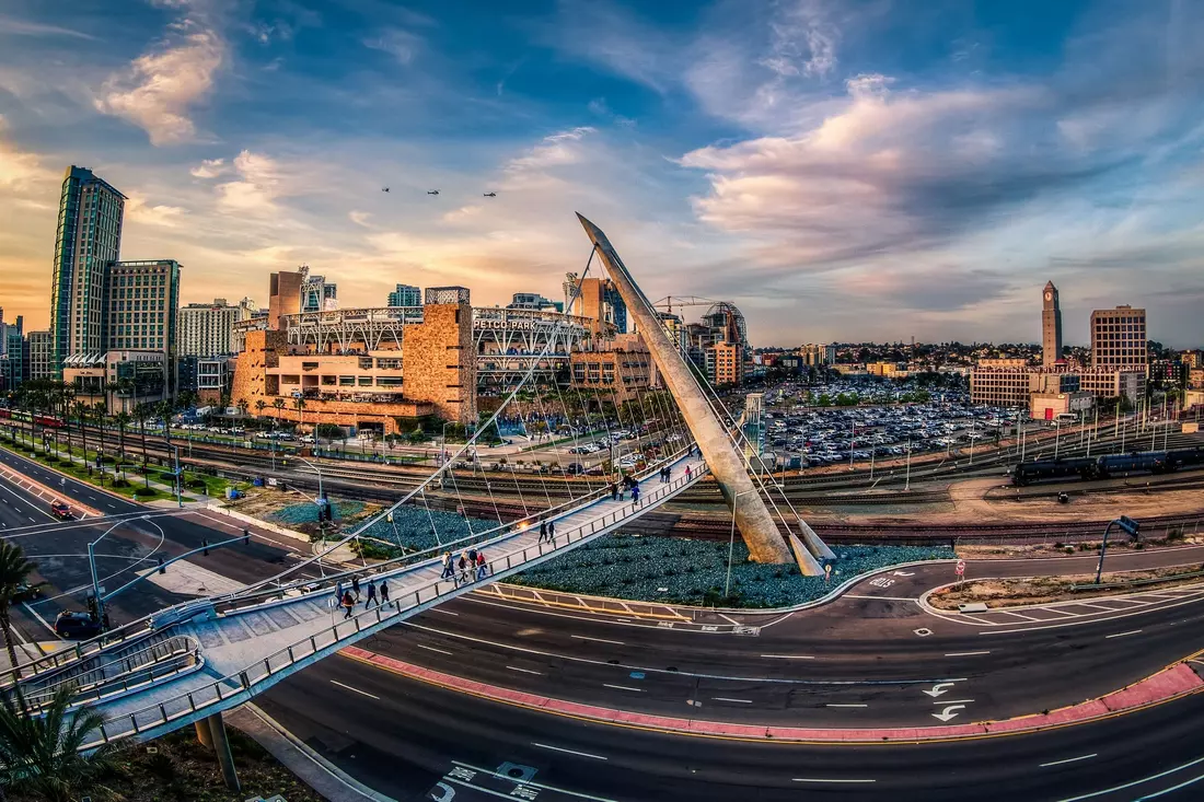 The famous bridge and the cityscape of San Diego at sunset