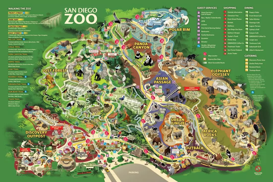 San Diego Zoo — карта тематических зон зоопарка в Сан-Диего — American Butler