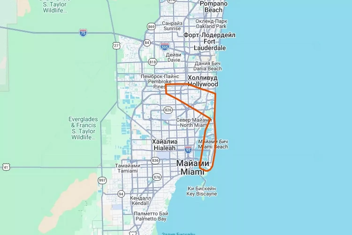 Route map of a private flight over Sunny Isles and North Miami Beach, tour trajectory along the Miami coastline