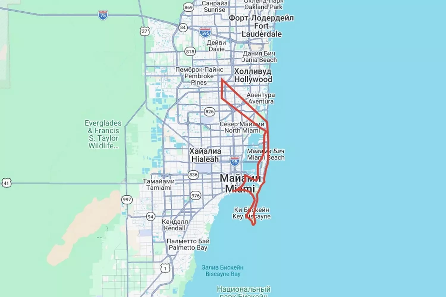 Route map of the Miami helicopter tour highlighting the flight path over beaches, Key Biscayne, and Downtown skyscrapers with marked waypoints
