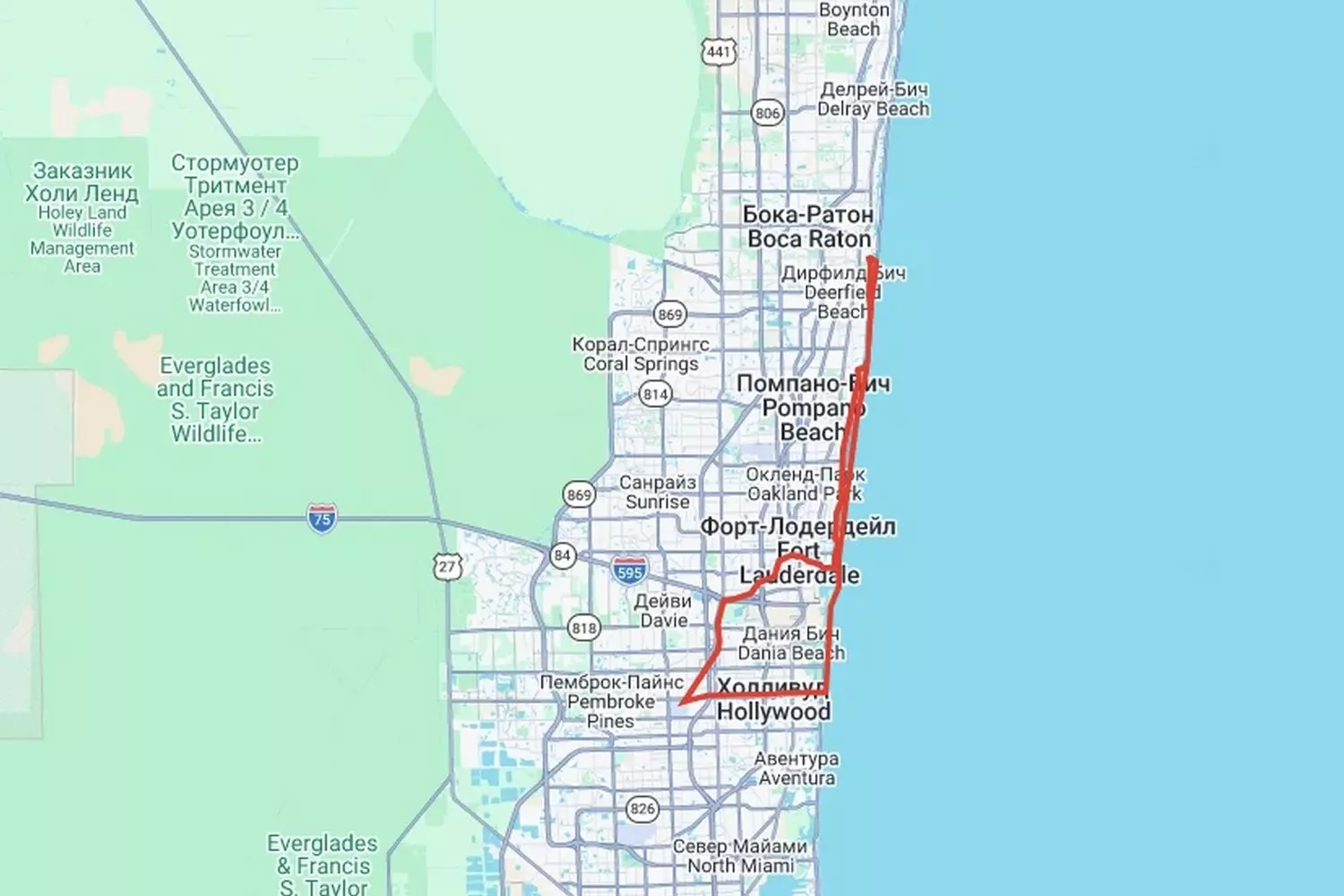 Map showing the helicopter flight route over three Florida cities — Boca Raton, Fort Lauderdale, and Hollywood — with the trajectory marked along the Atlantic coastline