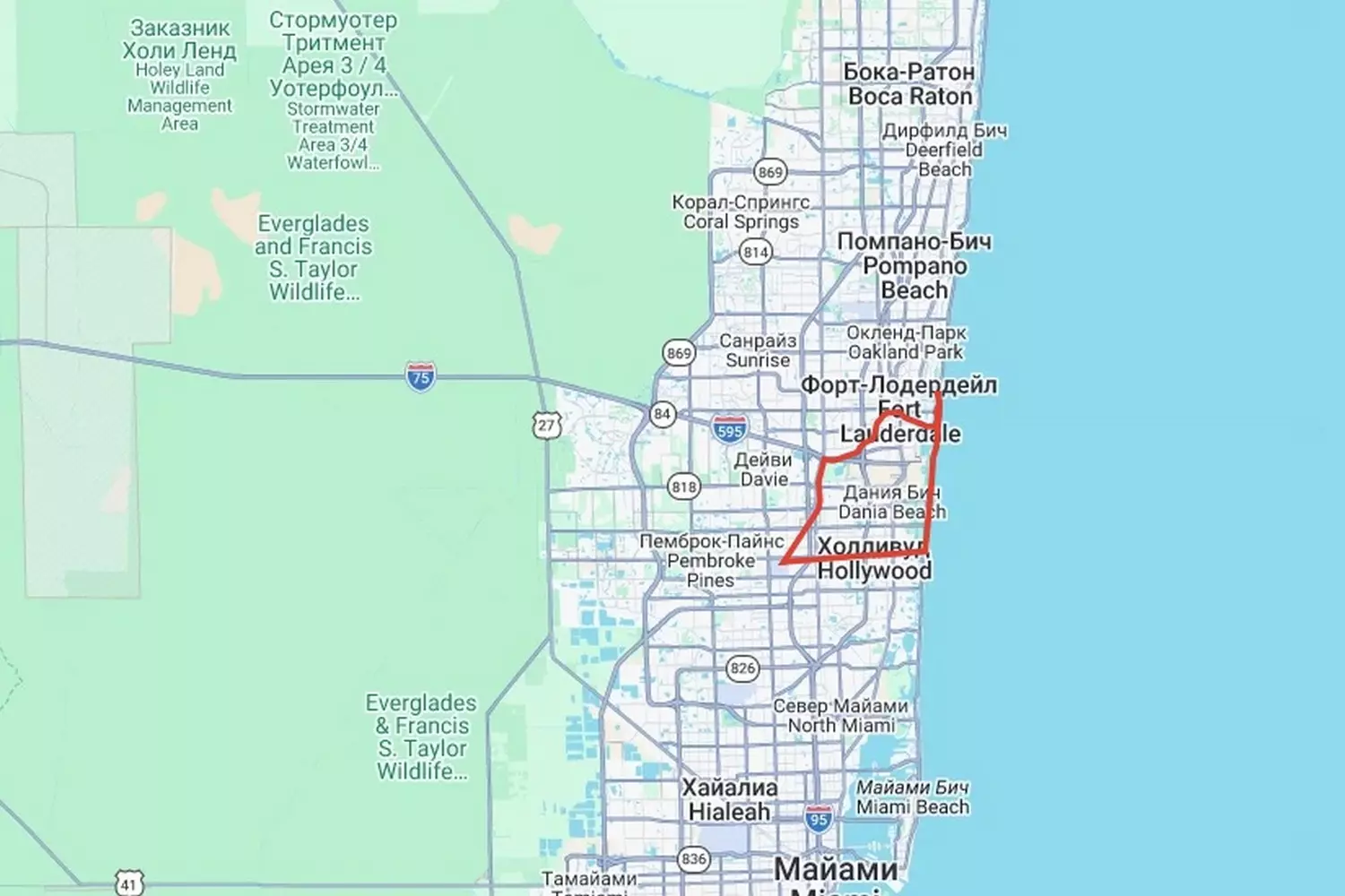 Fort Lauderdale and Hollywood Beach Helicopter Tour Route Map | Flight Path Map showing the helicopter tour route along the coastlines of Fort Lauderdale and Hollywood Beach, featuring the flight track over the ocean, beaches, intercoastal waterways, and Port Everglades cruise port