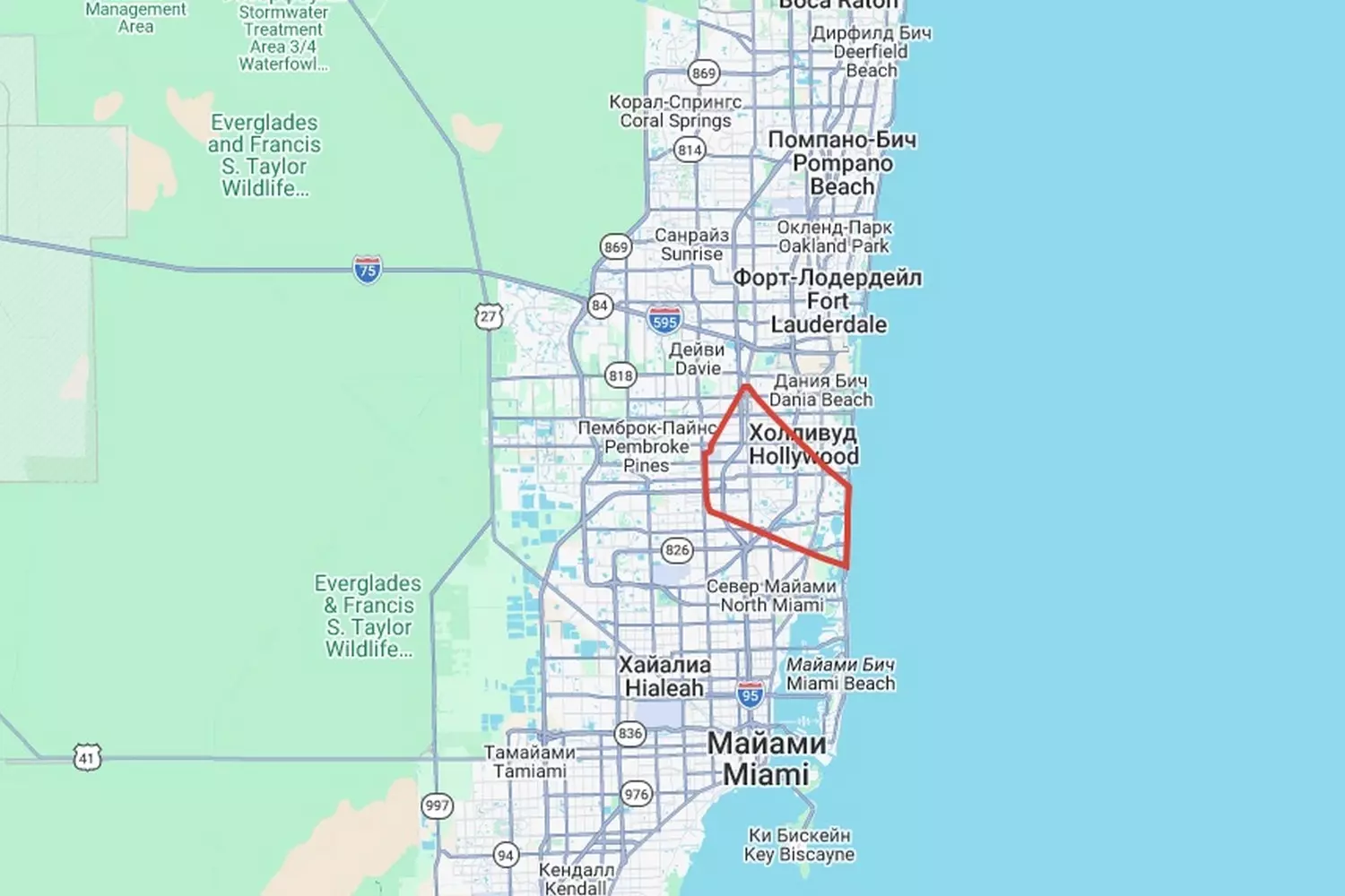 Route map of the helicopter tour over Sunny Isles Beach featuring Hard Rock Hotel and Hard Rock Stadium in Florida