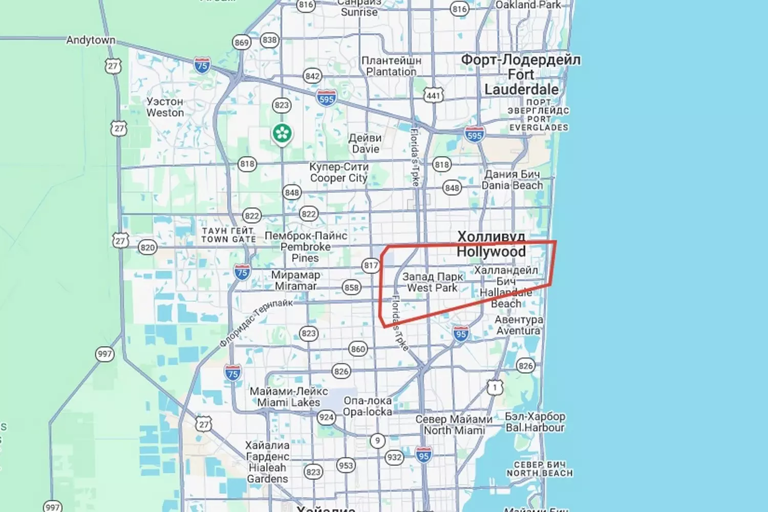 Route map of the helicopter tour over Hard Rock Stadium and Hollywood, Miami — flight path over the stadium and coastline