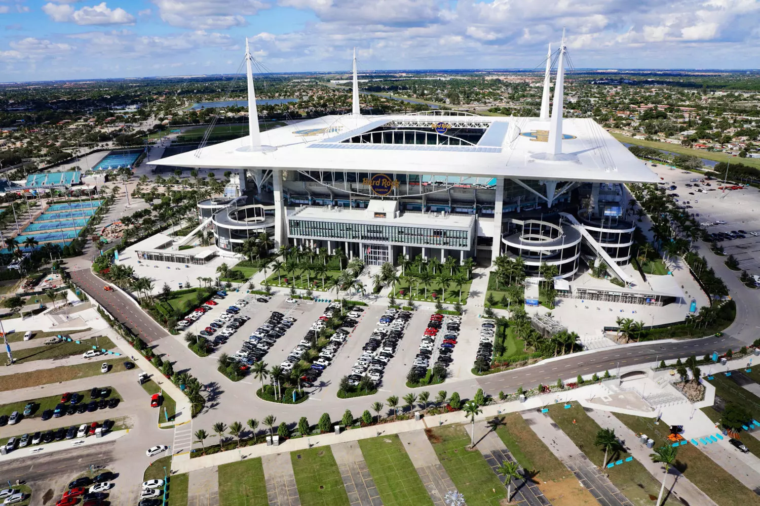 Aerial view of Hard Rock Stadium in Miami from a helicopter — stadium and surrounding area