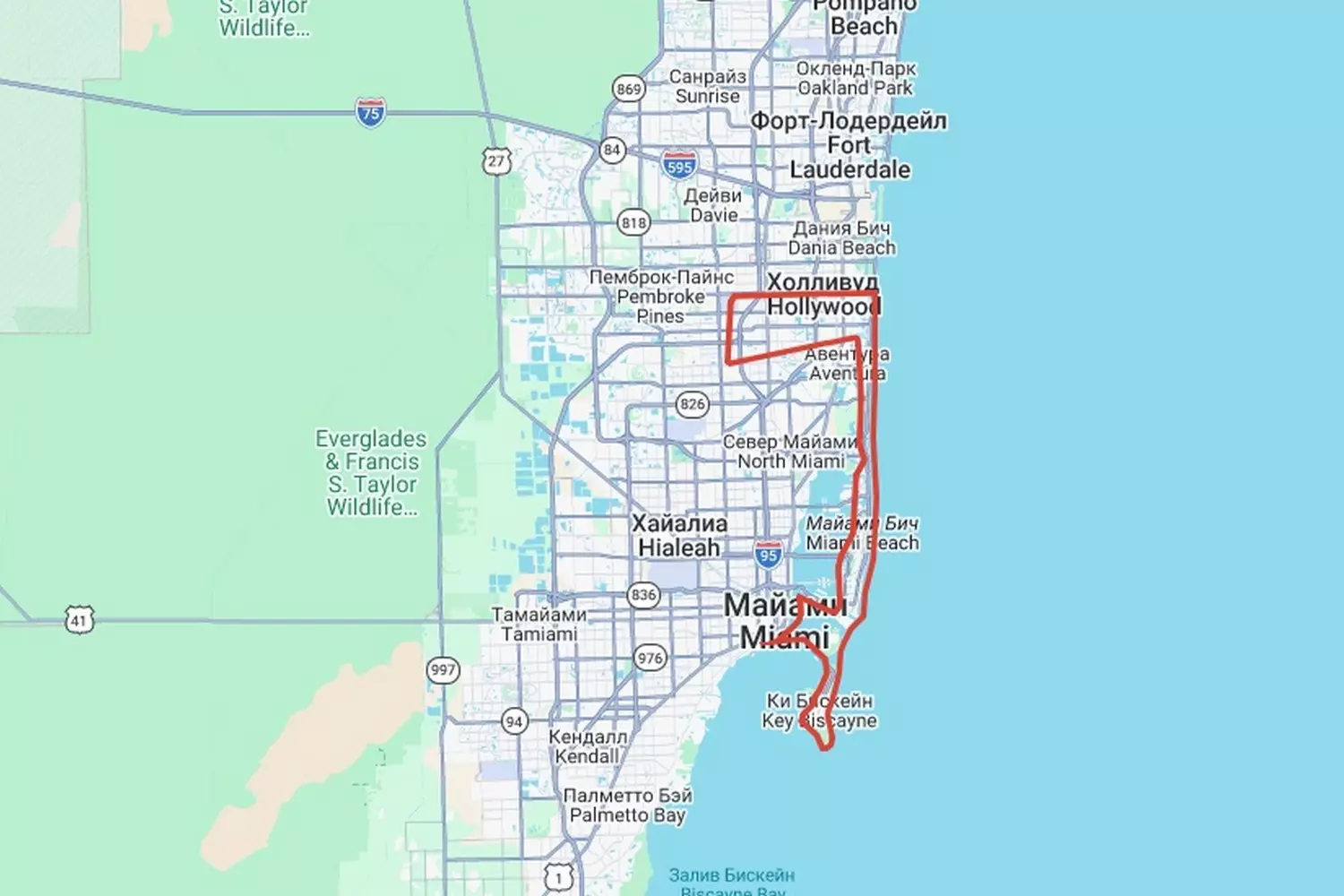 Карта маршрута вертолетного тура над Майами с остановками в Hollywood, Sunny Isles, Miami Beach и Key Biscayne