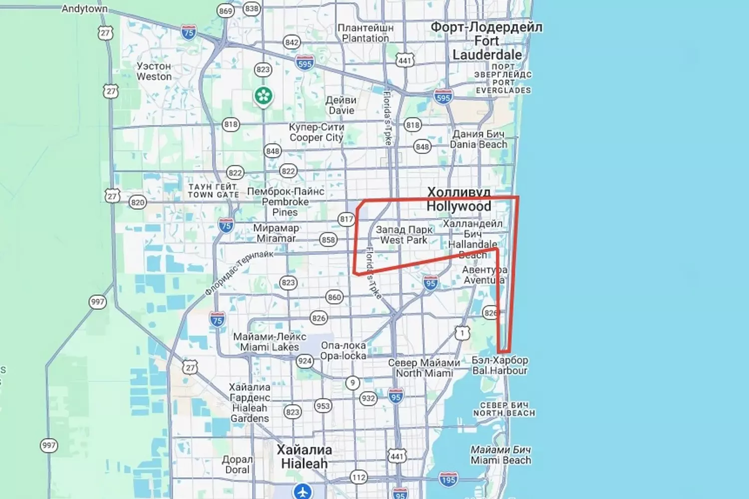 Маршрут полёта на вертолёте над Hollywood, Sunny Isles и North Miami Beach, карта с треком воздушной прогулки во Флориде
