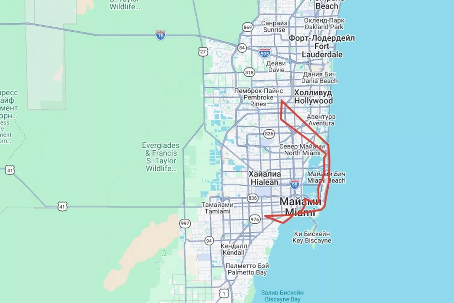 Схема маршрута вертолетного тура по Майами на карте: облет Miami Beach, Downtown, Coconut Grove и Coral Gables