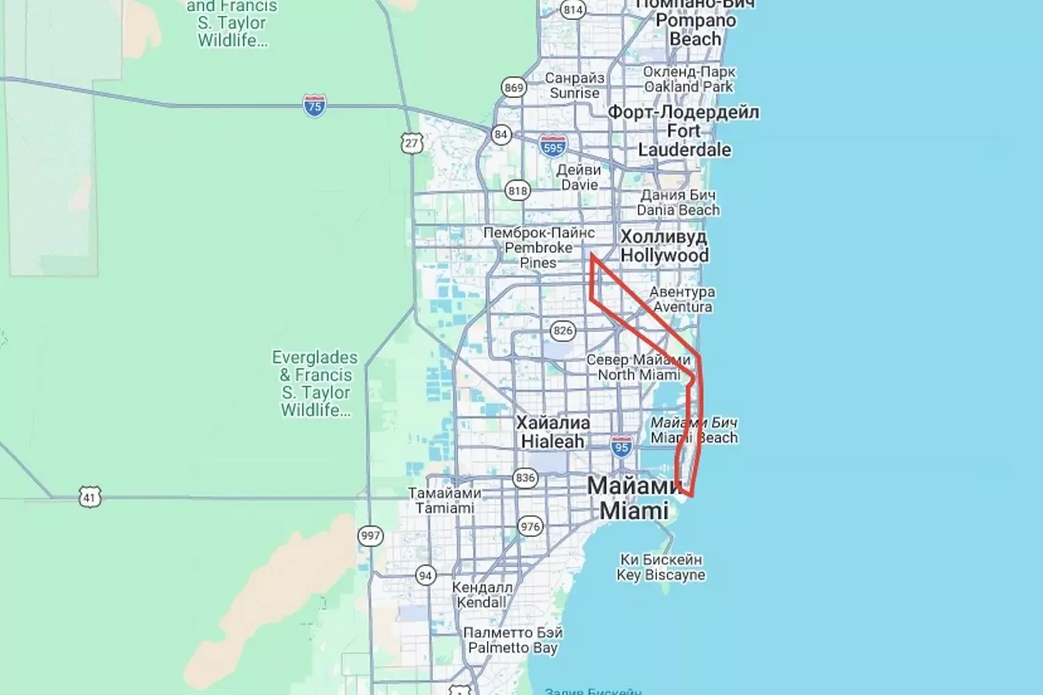 Схема полета над пляжами Майами — North Miami Beach, Bal Harbour, South Beach Карта маршрута вертолетной экскурсии над Майами: North Miami Beach, Bal Harbour и South Beach с отметками на побережье