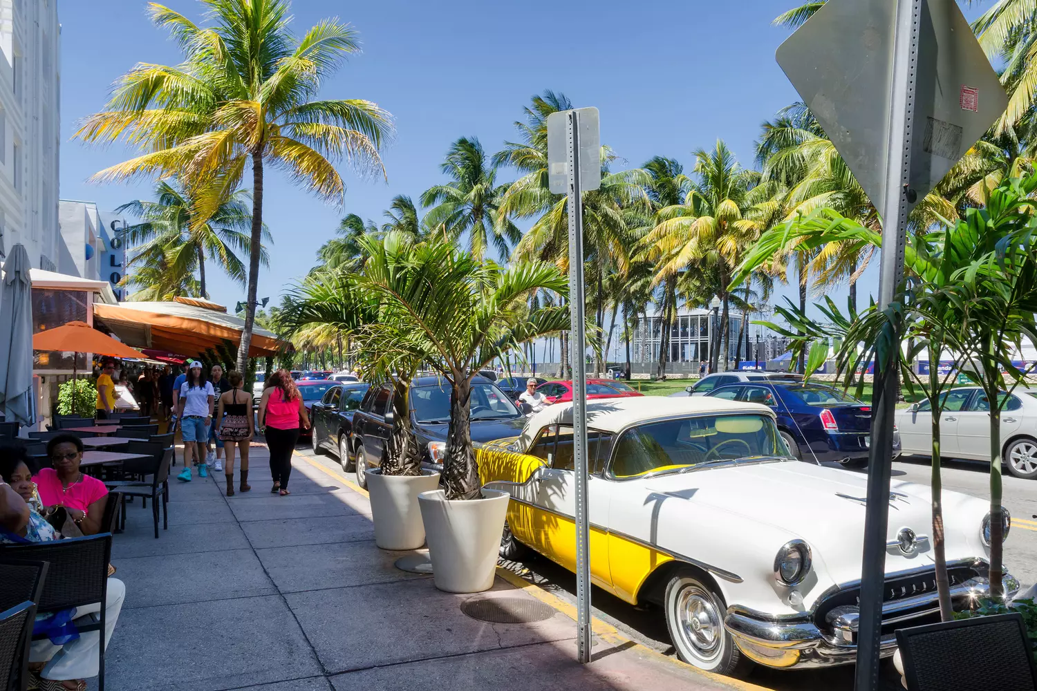 Pedestrians walking along Ocean Drive in Miami Beach, next to classic cars and palm trees