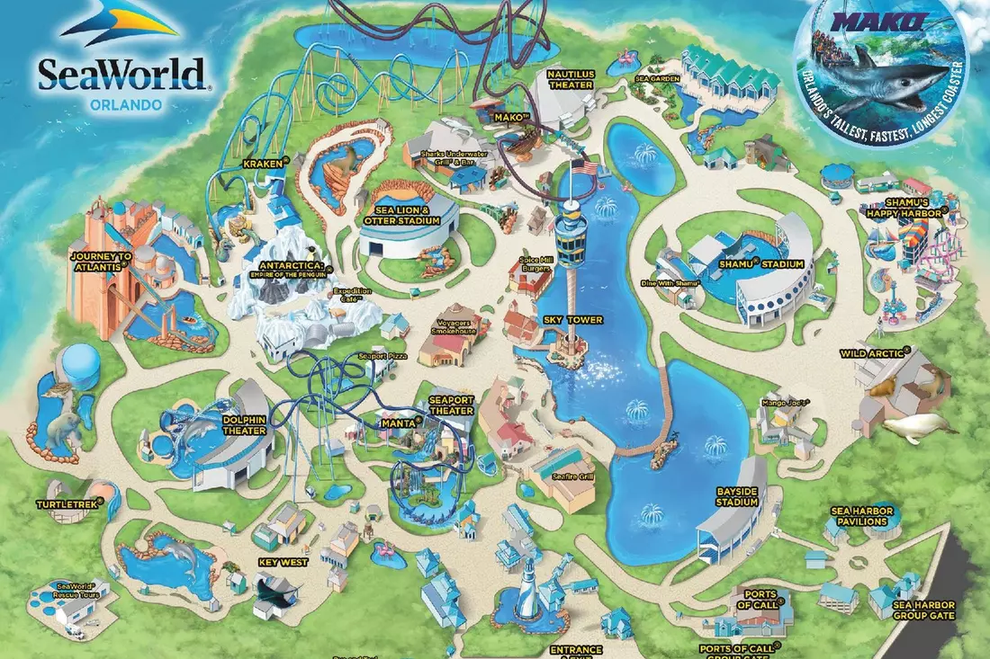Карта SeaWorld Orlando: маршруты, развлечения и морские животные Карта парка SeaWorld Orlando с аттракционами, шоу и зонами