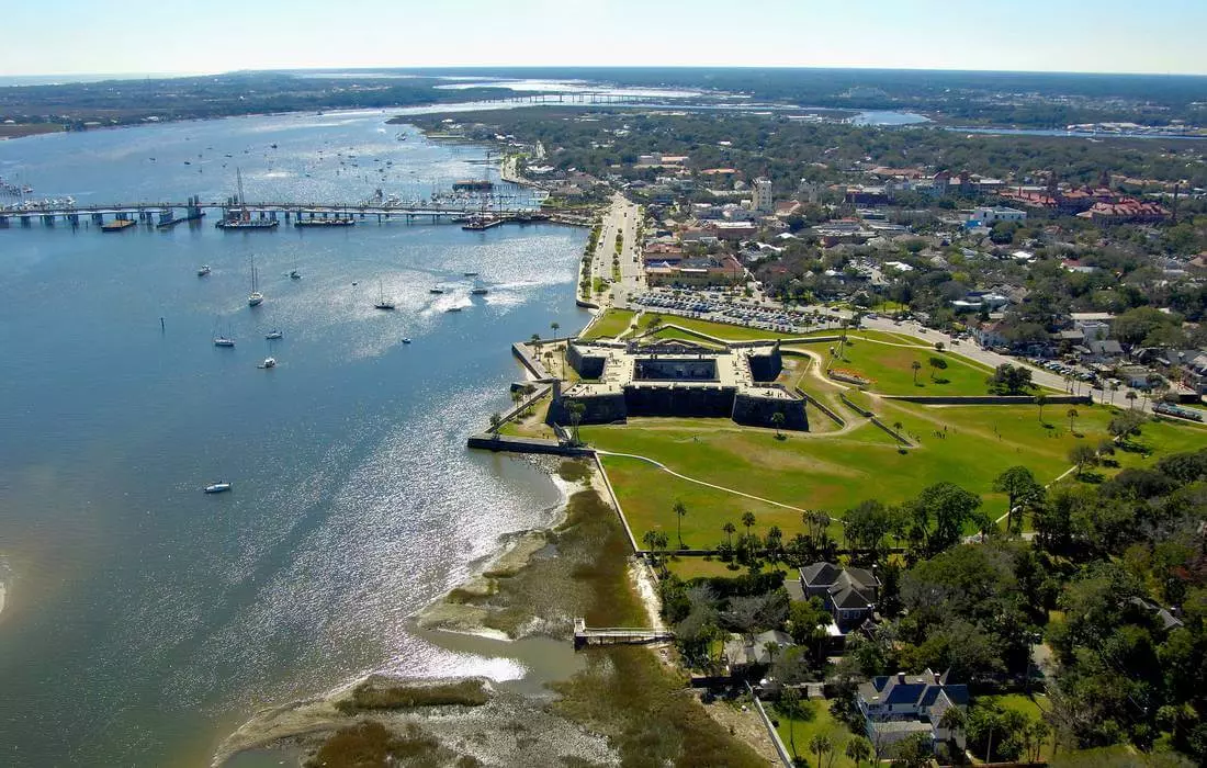 Aerial view of Castillo de San Marcos and St. Augustine waterfront