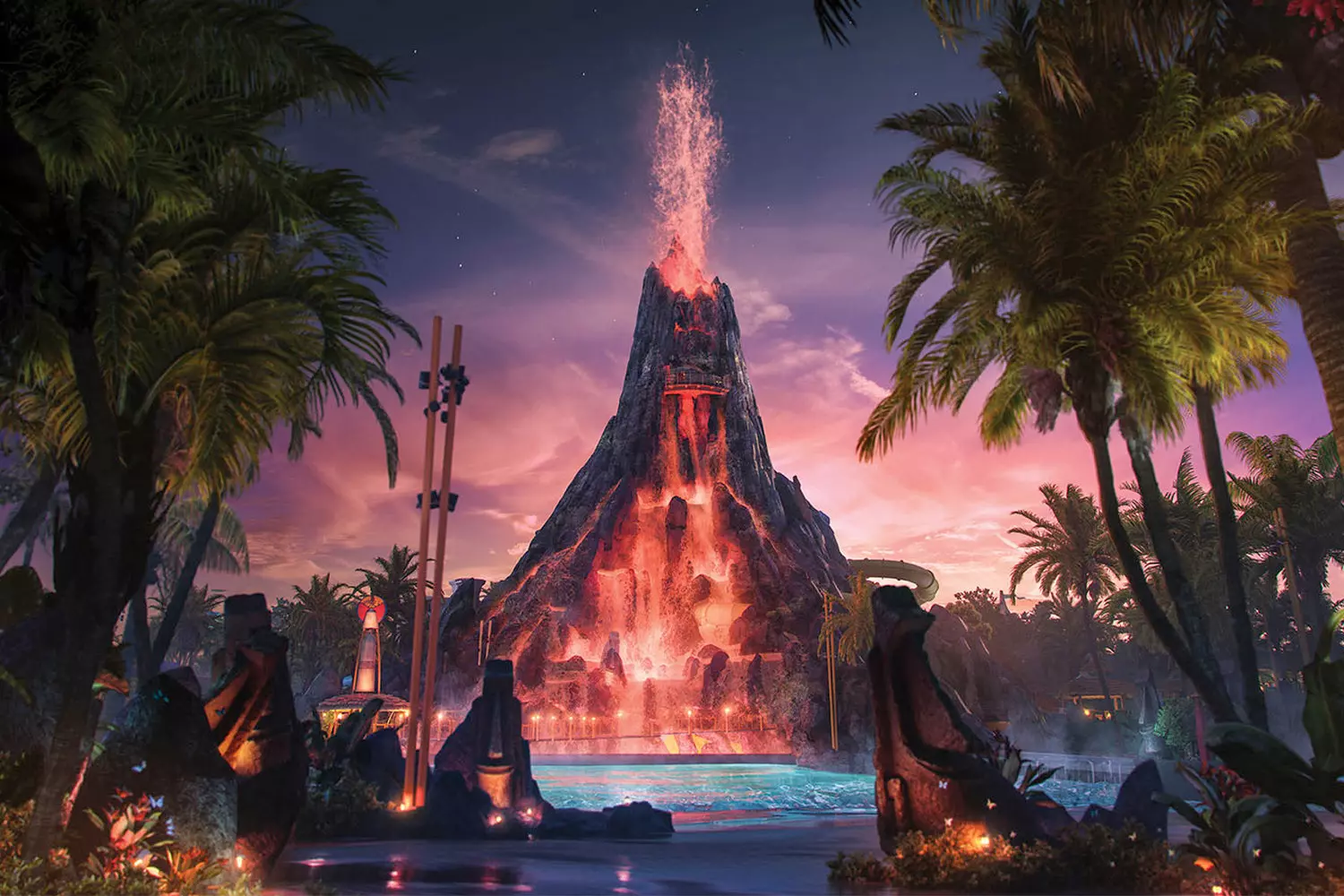 Night view of Krakatau — the iconic centerpiece of Volcano Bay Krakatau volcano at Volcano Bay at night with glowing lights