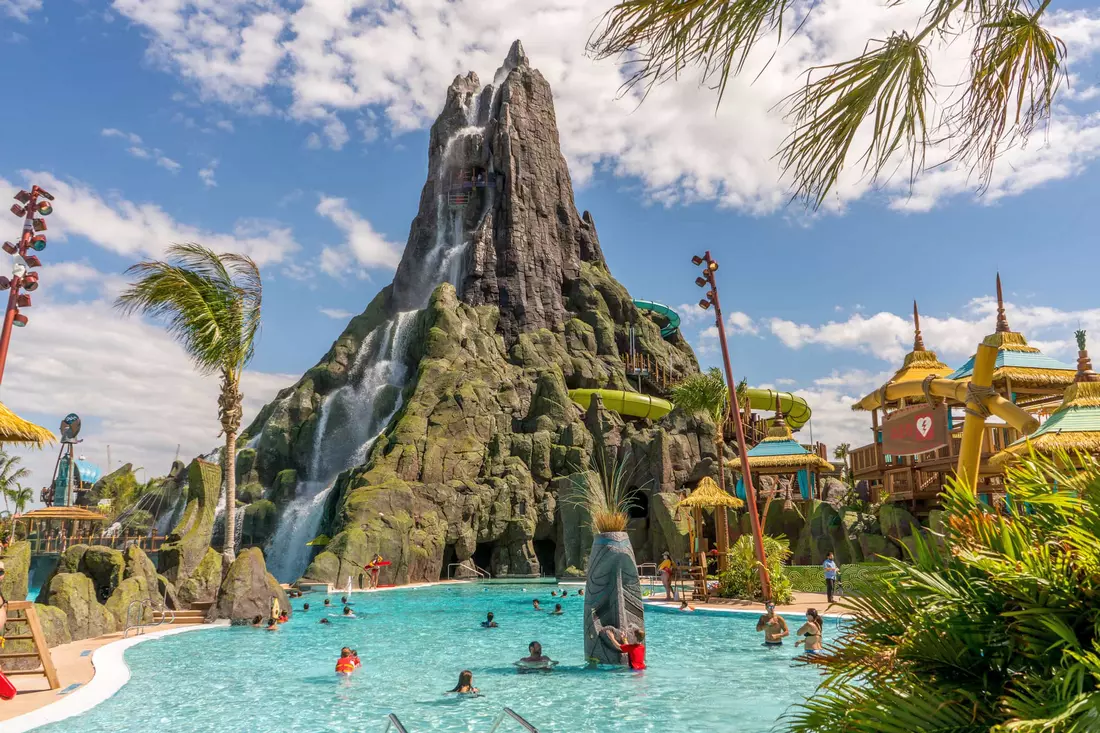 Krakatau Volcano — the iconic centerpiece of Volcano Bay View of the central volcano at Volcano Bay water park in Orlando