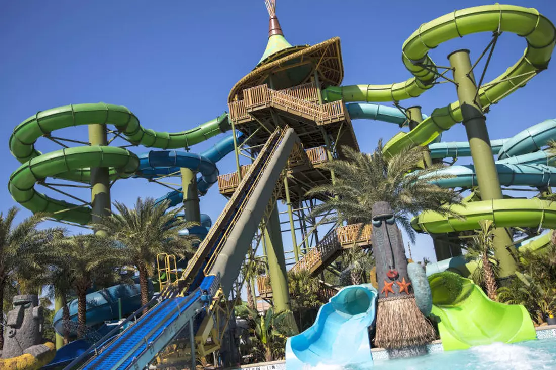 Thrilling water slide at Volcano Bay — where adrenaline meets paradise Water slide at Volcano Bay water park with tropical scenery