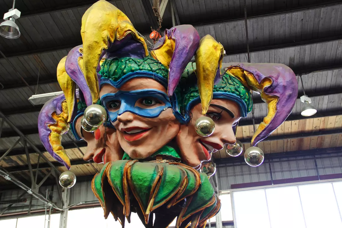 Three-faced jester's hat sculpture for the Mardi Gras parade at the Mardi Gras World Museum