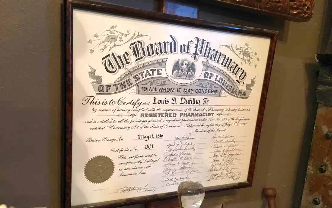 Pharmacy Museum: Antique pharmacist certificate from Louisiana, dated 1816