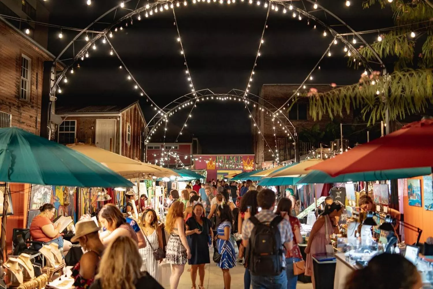 Night art market at Frenchmen Art Market in New Orleans Evening New Orleans, the Frenchmen Art Market on Frenchmen Street with fairy lights, tents and local artisans