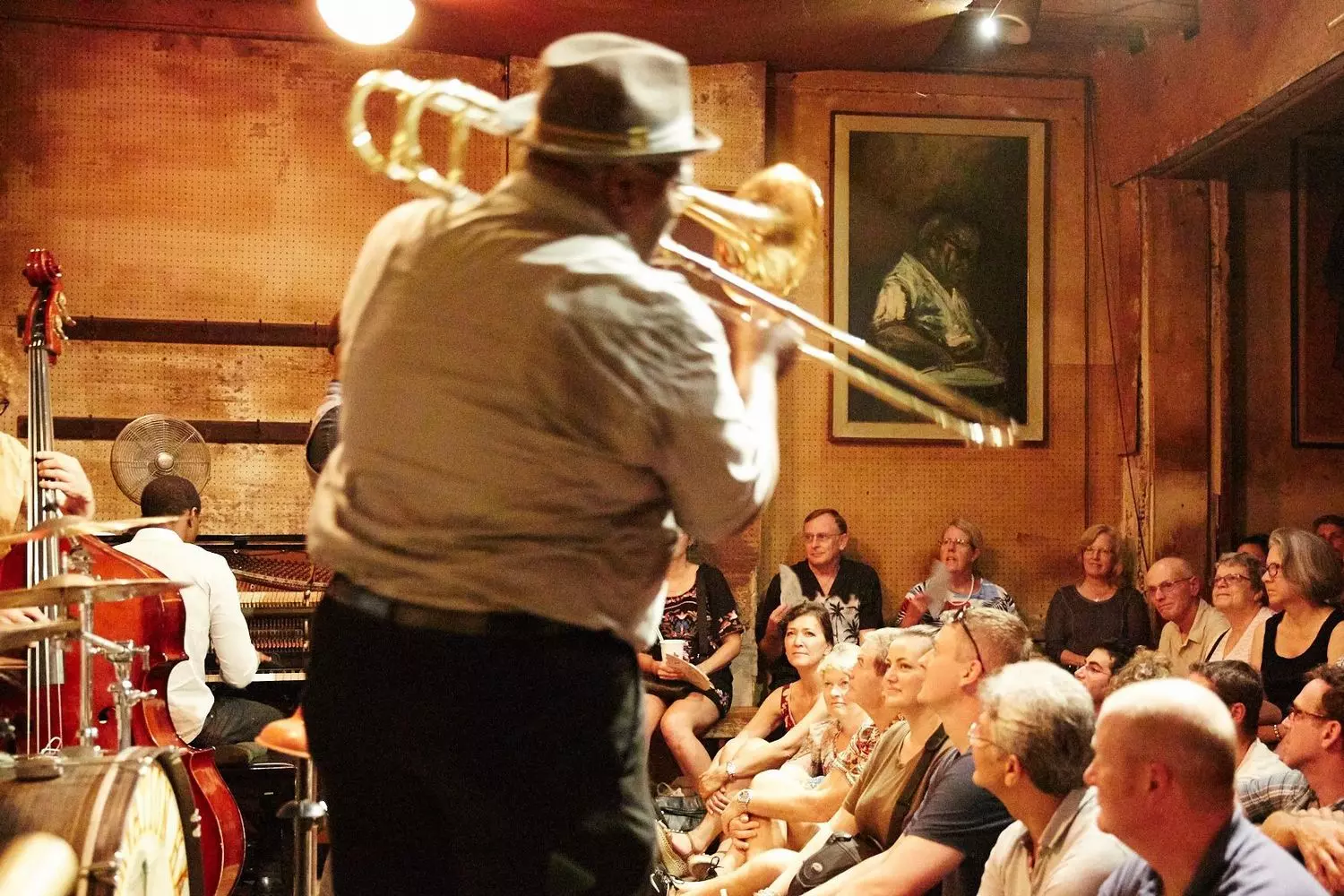 Traditional jazz concert at Preservation Hall, New Orleans Evening New Orleans, jazz musicians performing at the legendary Preservation Hall in warm ambient light