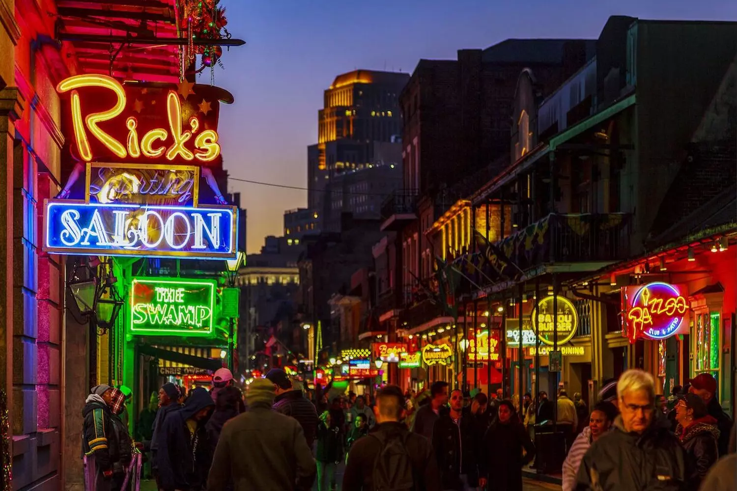 New Orleans at night — the jazz city New Orleans nightlife, neon signs and lively streets