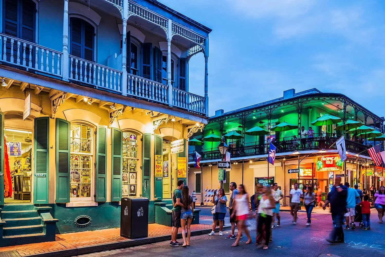 Neon lights of nighttime New Orleans Bright neon bar signs on an evening street in New Orleans' tourist district