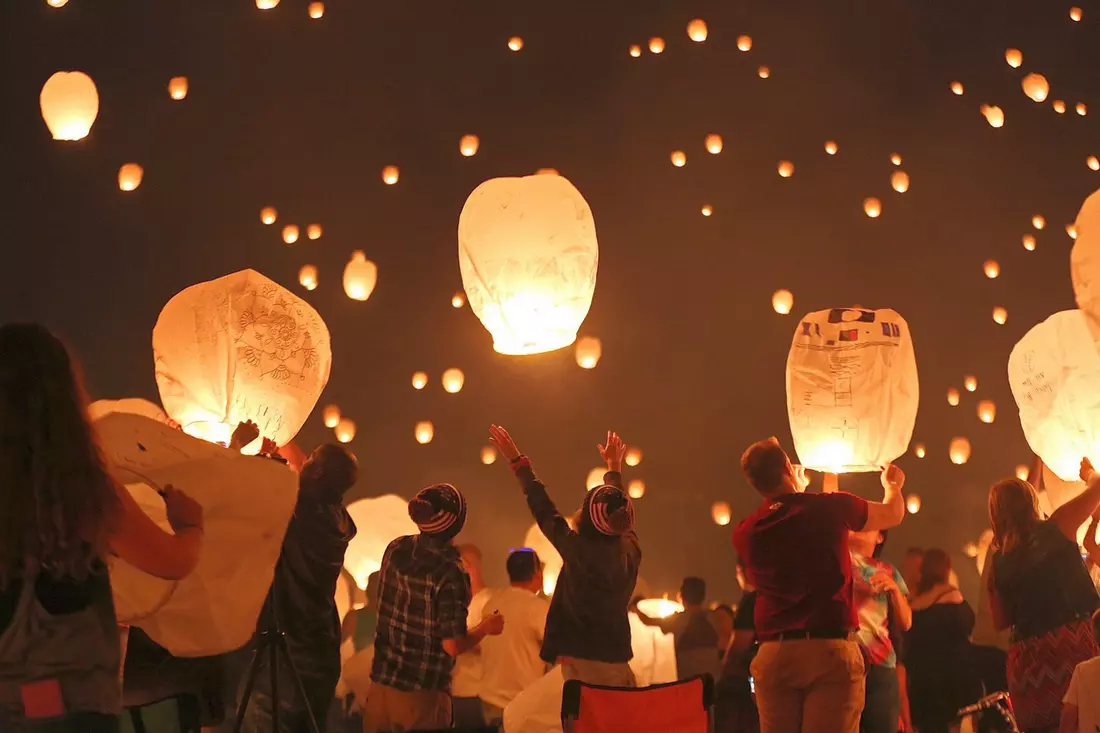 Releasing lanterns at Rise Festival