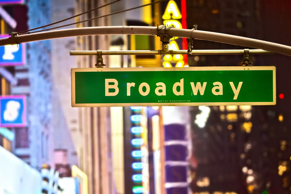 Iconic green Broadway street sign against a backdrop of the bustling New York theater district