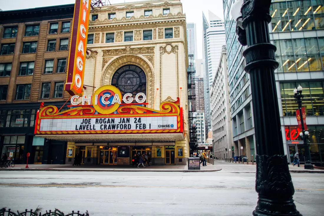 The historic Chicago theater marquee on Broadway, showcasing bright lights and classic architecture