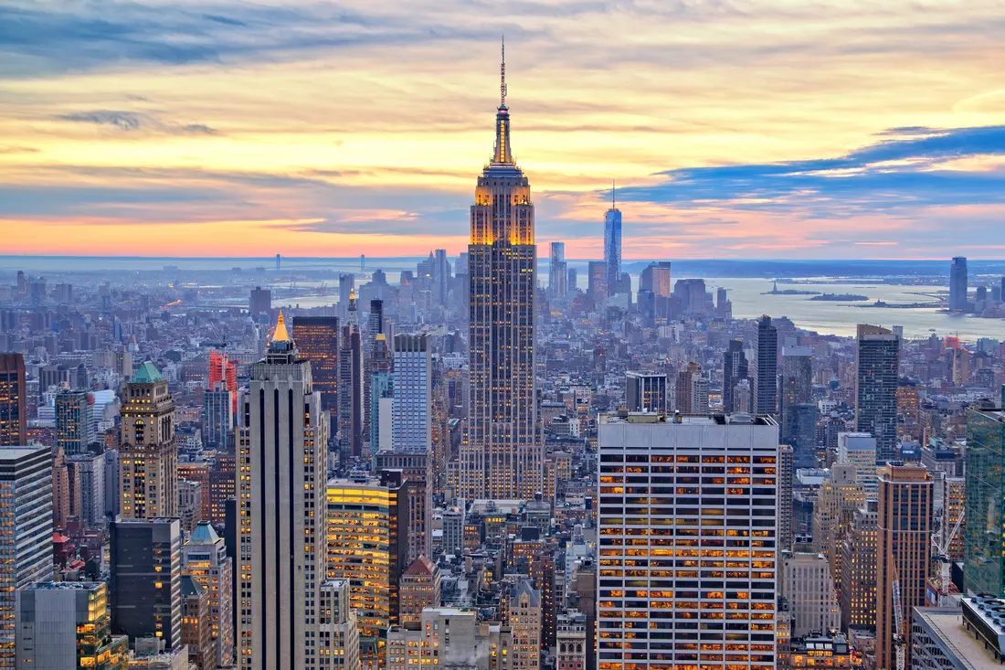 Sunset view of the Empire State Building from a high vantage point