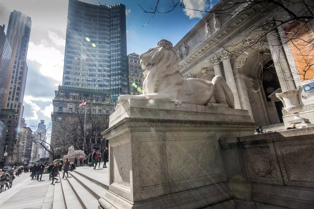 Photo of the lion statue in front of the New York Public Library