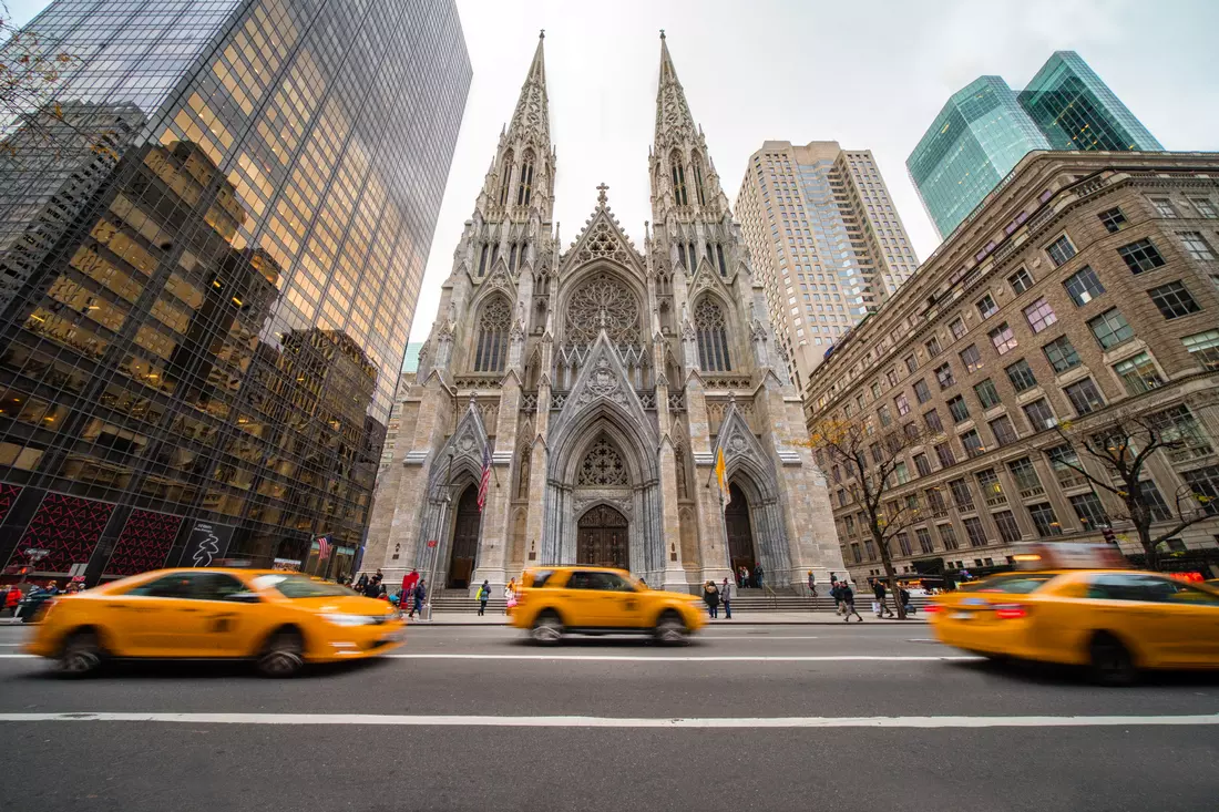 Facade of St. Patrick's Cathedral with Gothic spiers in New York