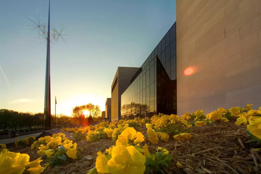 View of the National Air and Space Museum building at sunset