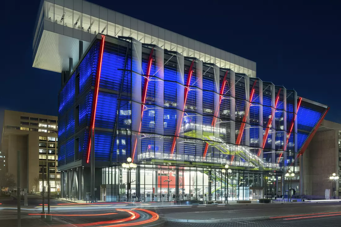 Exterior view of the International Spy Museum at night