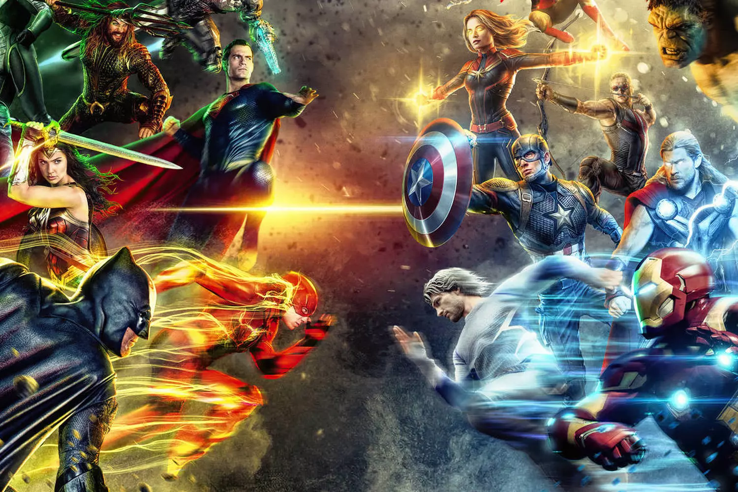 DC vs. Marvel: The Ultimate Showdown of Superheroes A dynamic collage or poster featuring heroes from DC and Marvel universes facing off
