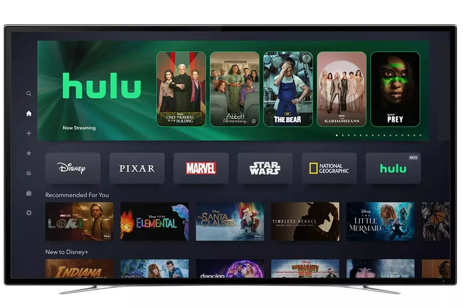 Hulu США на экране: эксклюзивный контент, который стоит посмотреть Телевизор с интерфейсом американской версии Hulu, показывающий популярные шоу и оригинальный контент