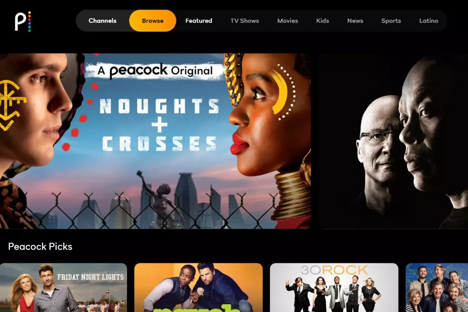 Peacock TV США: эксклюзивы NBC и не только Телевизор с интерфейсом американской версии Peacock TV, показывающий шоу NBC, трансляции Английской Премьер-лиги и оригинальный контент