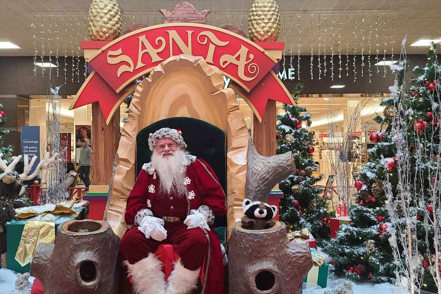 Santa Claus — Classic American Christmas Experience Jolly Santa in his red suit sitting on a festive throne at Mall in the USA, surrounded by holiday decorations as children line up to share their Christmas wishes
