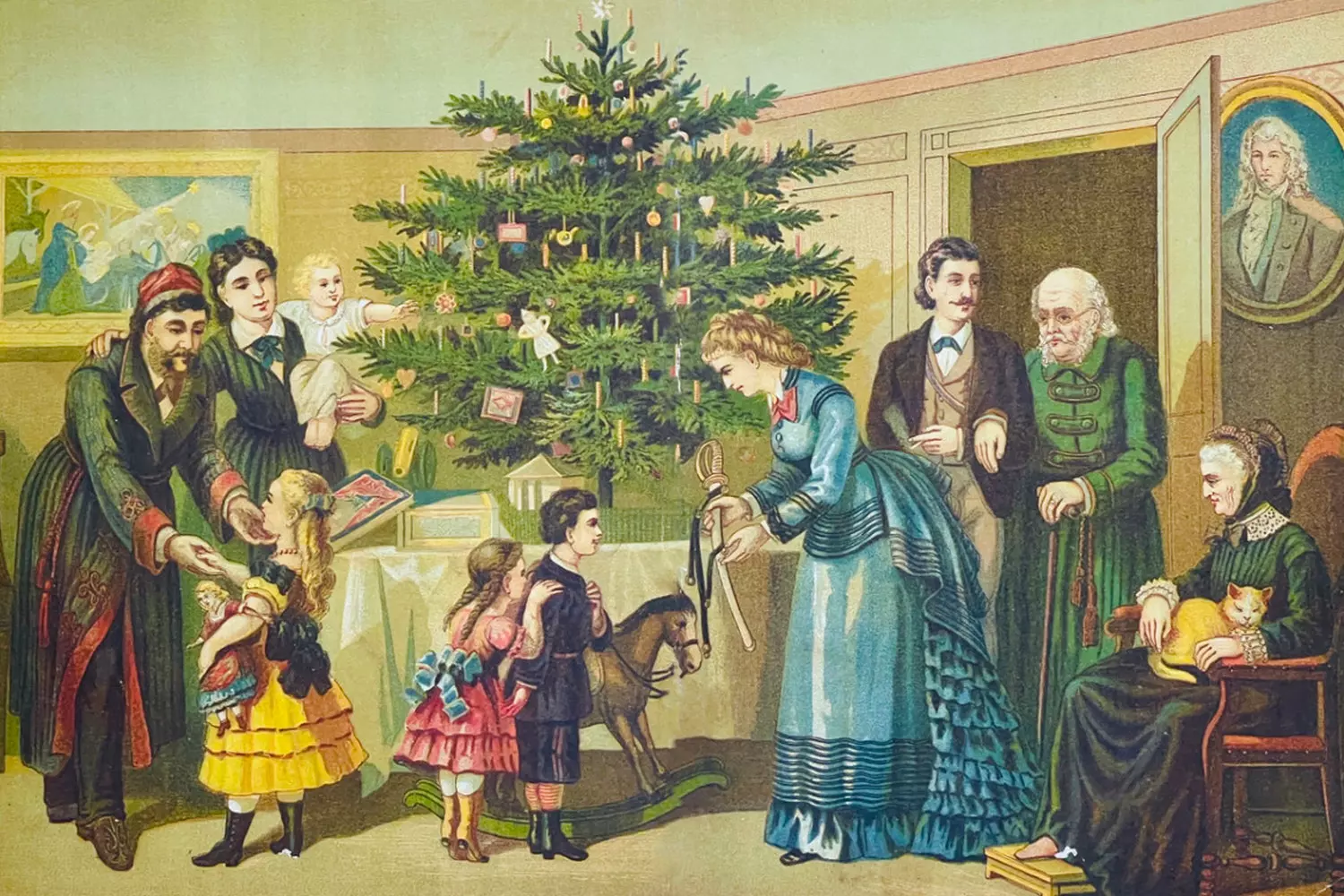An antique Christmas card from the USA with a vintage design A historical Christmas card from America — holiday traditions in the past